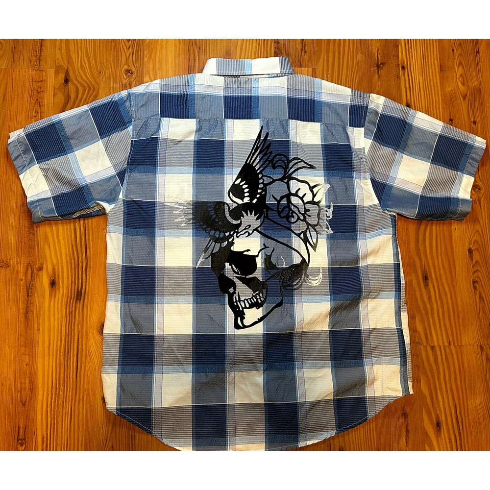 Roadblock Jeans Mens Button Up Shirt Skull Print Y2K Design Affliction‎ Style - Picture 2 of 7
